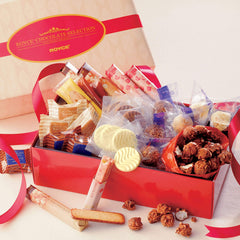 ROYCE' Chocolate - Chocolate Selection "ROYCE' Sweet Season" - Image shows two boxes with white background. Top left box is in nude and pink colors with text saying ROYCE' Chocolate Selection ROYCE'. Below right shows red box filled with individually-wrapped confections and open chocolates in varying colors. Accents include red ribbons.