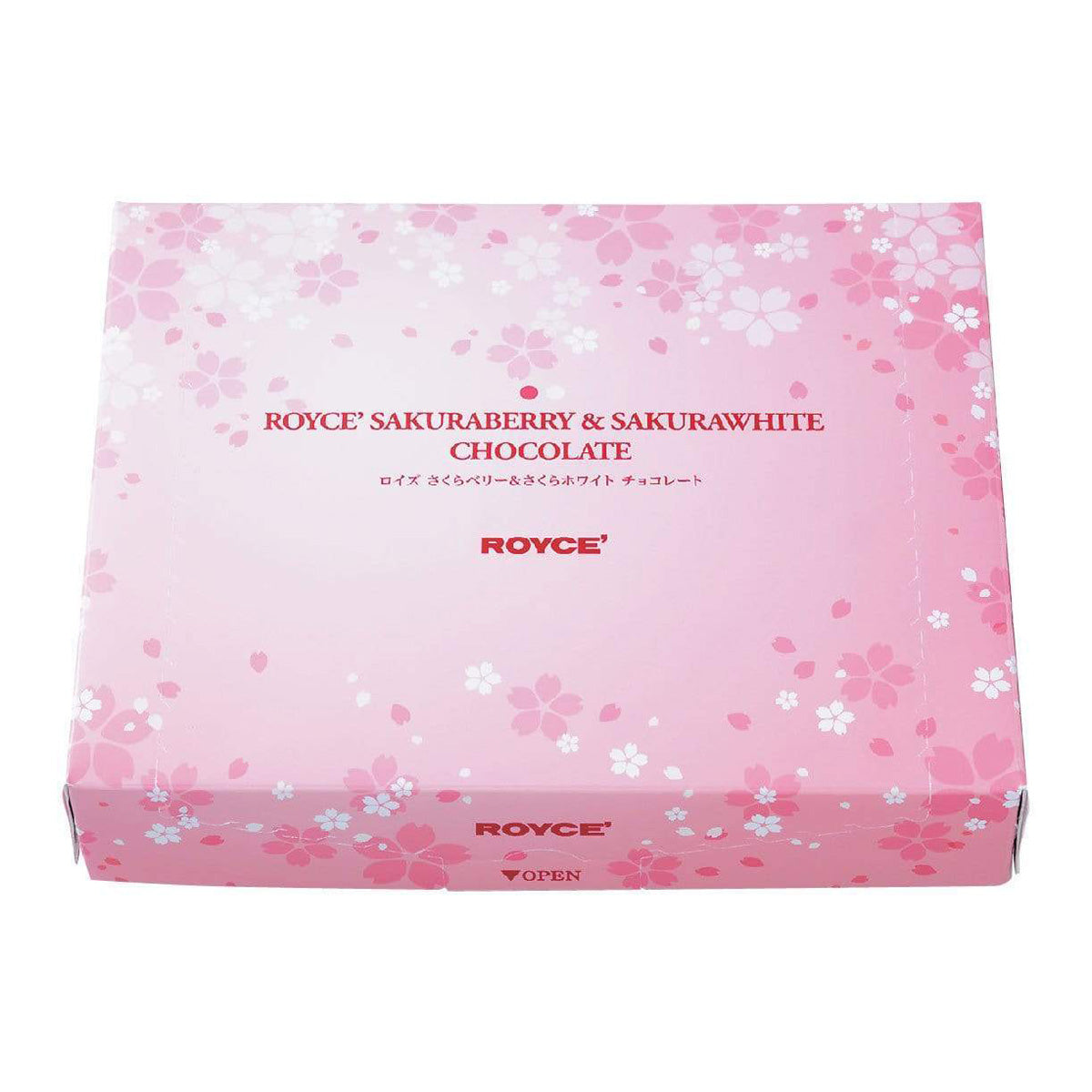 ROYCE' Chocolate - Sakuraberry & Sakurawhite Chocolate - Image shows a pink box with floral prints. Text on top says ROYCE' Sakuraberry & Sakurawhite Chocolate ROYCE'. Text below says ROYCE'. Open.