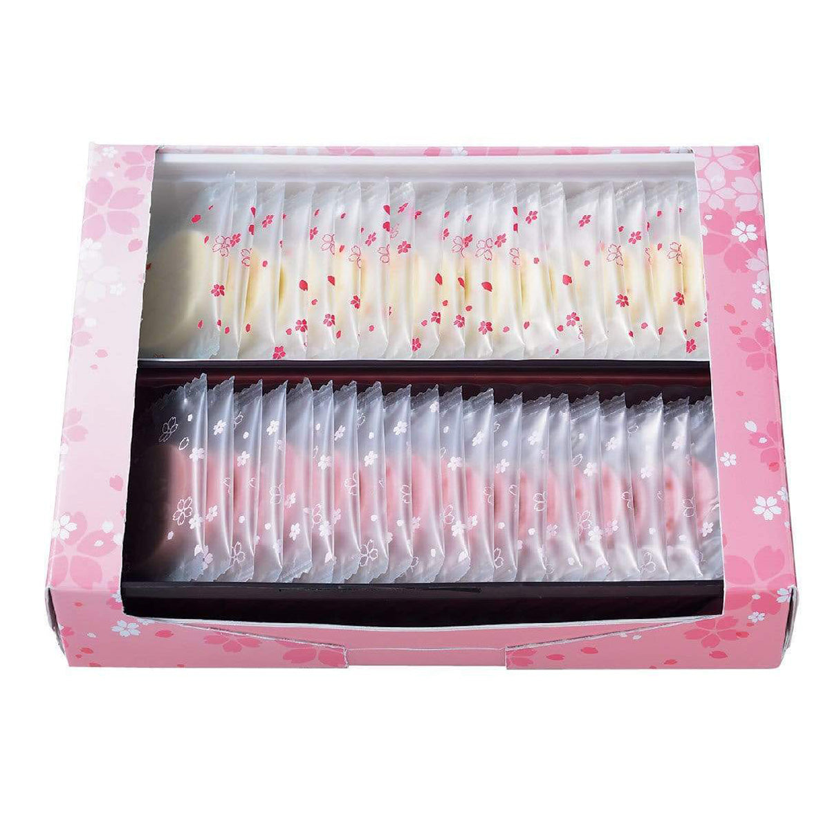 ROYCE' Chocolate - Sakuraberry & Sakurawhite Chocolate - Image shows an open pink box filled with individually-wrapped white chocolates on top and pink chocolates on the bottom.