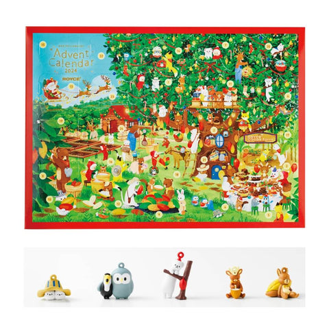 ROYCE' Chocolate - Advent Calendar - Image shows a printed box with illustrations of animals and a decorated tree in a farm. Text says Advent Calendar 2024 ROYCE'. Below is an array of animal charms. Background is in white.