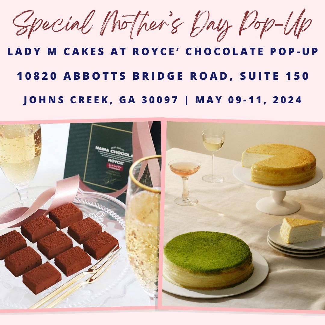 Image shows pictures of cakes and chocolates with red and blue text.