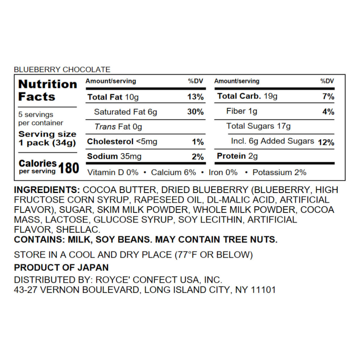 ROYCE' Chocolate - Blueberry Chocolate - Nutrition Facts
