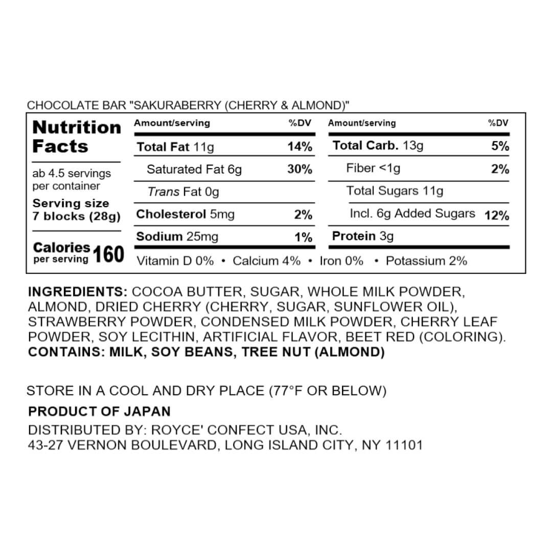 ROYCE' Chocolate - Chocolate Bar "Sakura Berry (Cherry & Almond)" - Nutrition Facts 2023