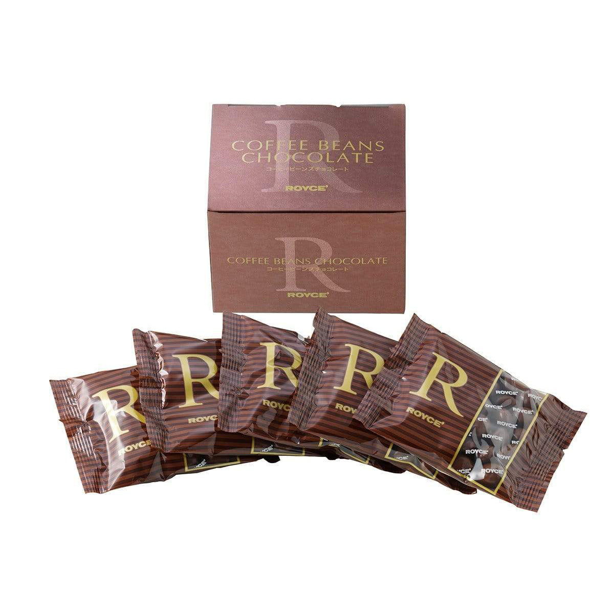 ROYCE' Chocolate - Coffee Beans Chocolate - Image shows a brown box with the words Coffee Beans Chocolate on top and bottom. Below are five packets with brown stripes and golden letters. Text says R ROYCE'.