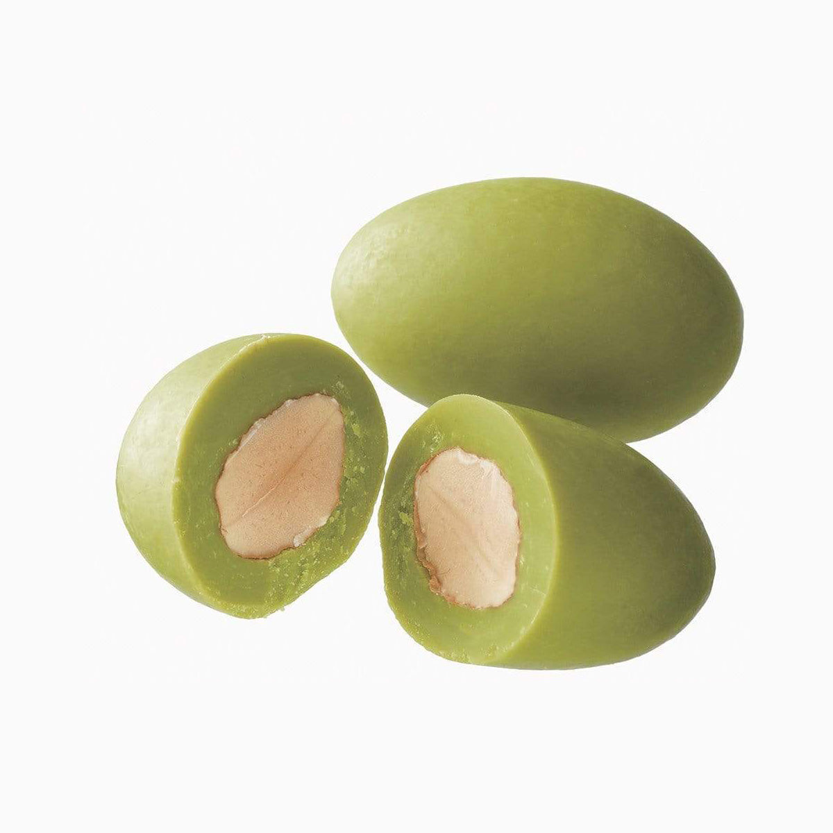 ROYCE' Chocolate - Matcha Almond Chocolate - Image shows round green chocolate-coated almonds on a white surface.