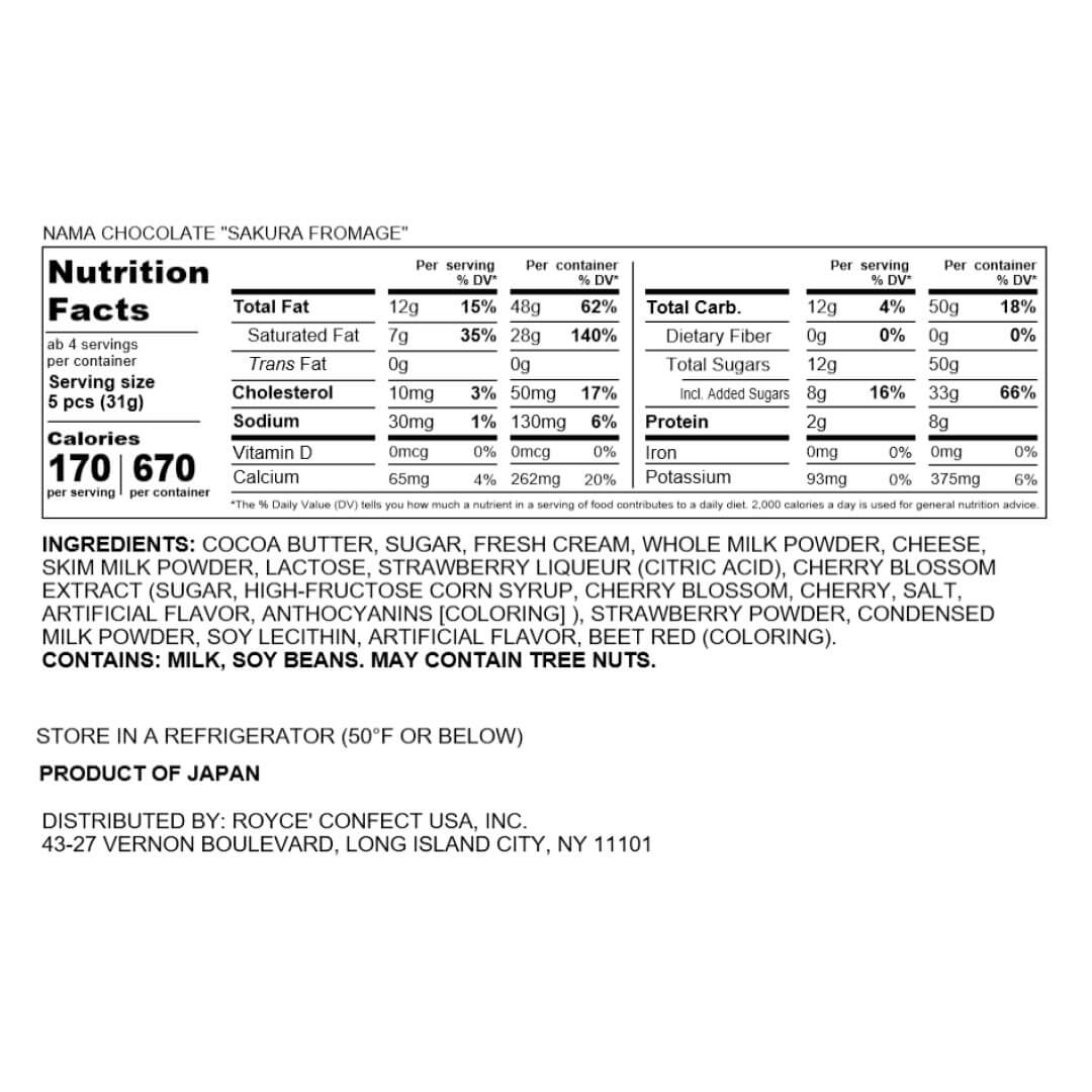 ROYCE' Chocolate - Nama Chocolate "Sakura Fromage" - Nutrition Facts