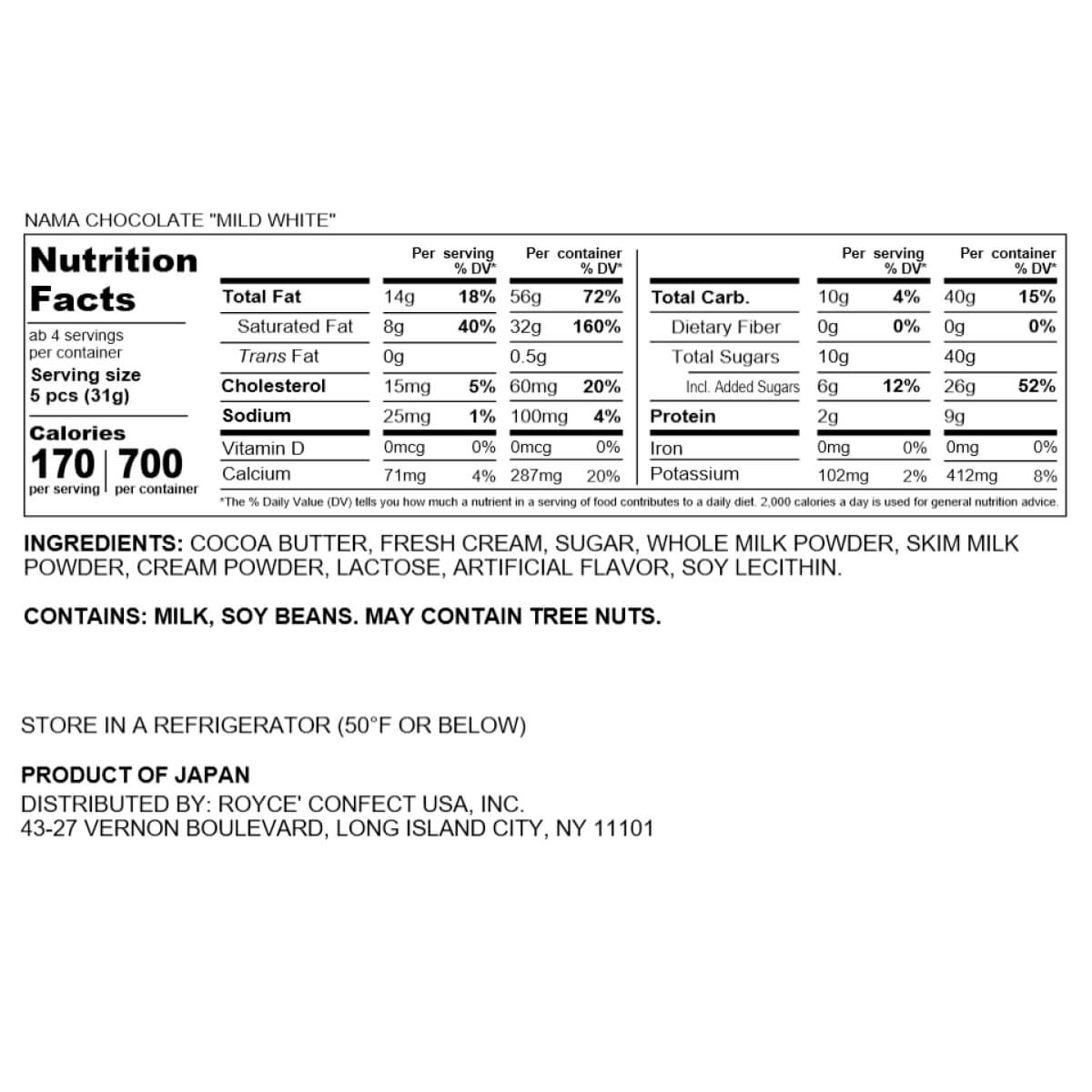 ROYCE' Chocolate - Nama Chocolate "Mild White" Nutrition Facts