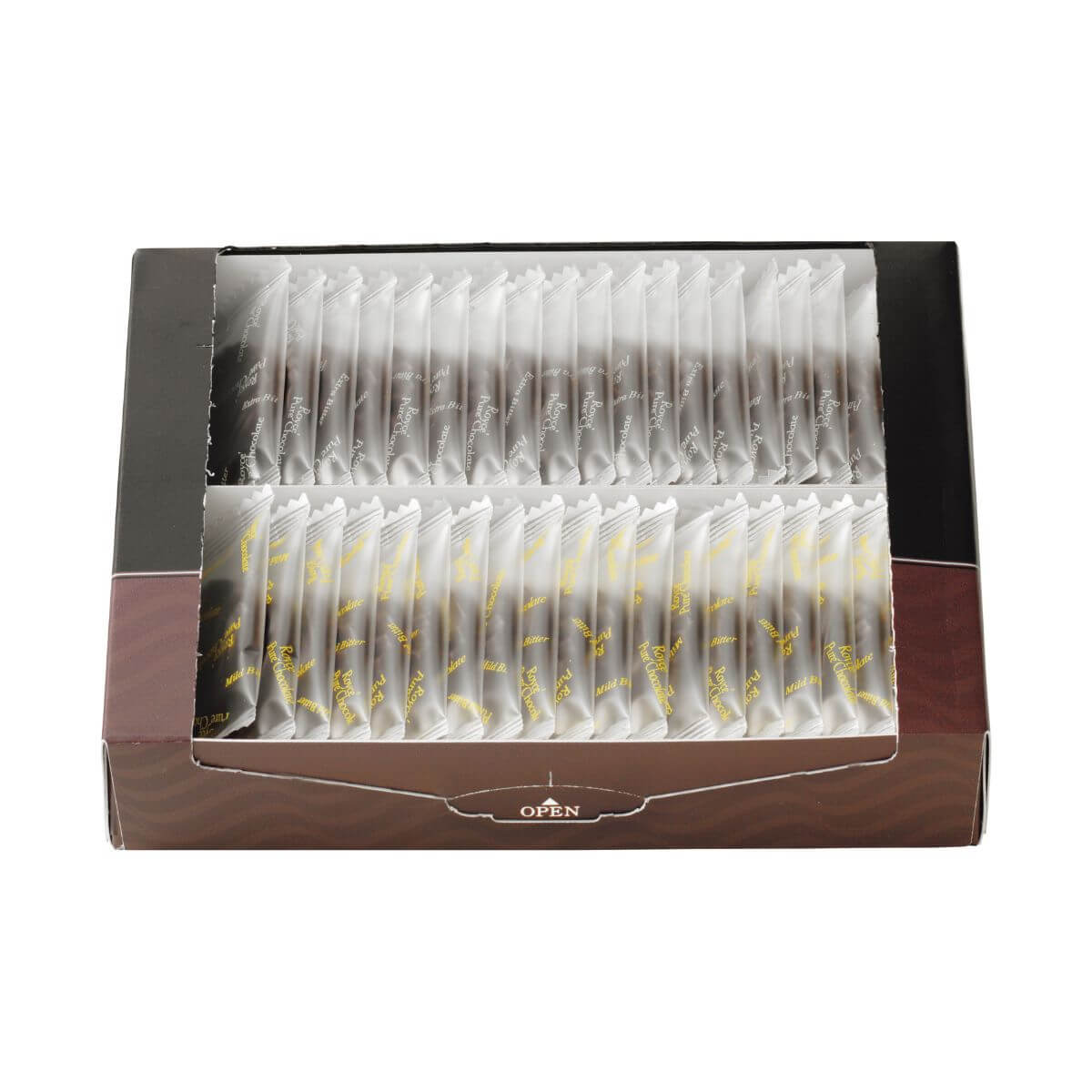 ROYCE' Chocolate - Pure Chocolate "Mild Bitter & Extra Bitter" - Image shows a box in black and brown filled with individually-wrapped dark chocolates.