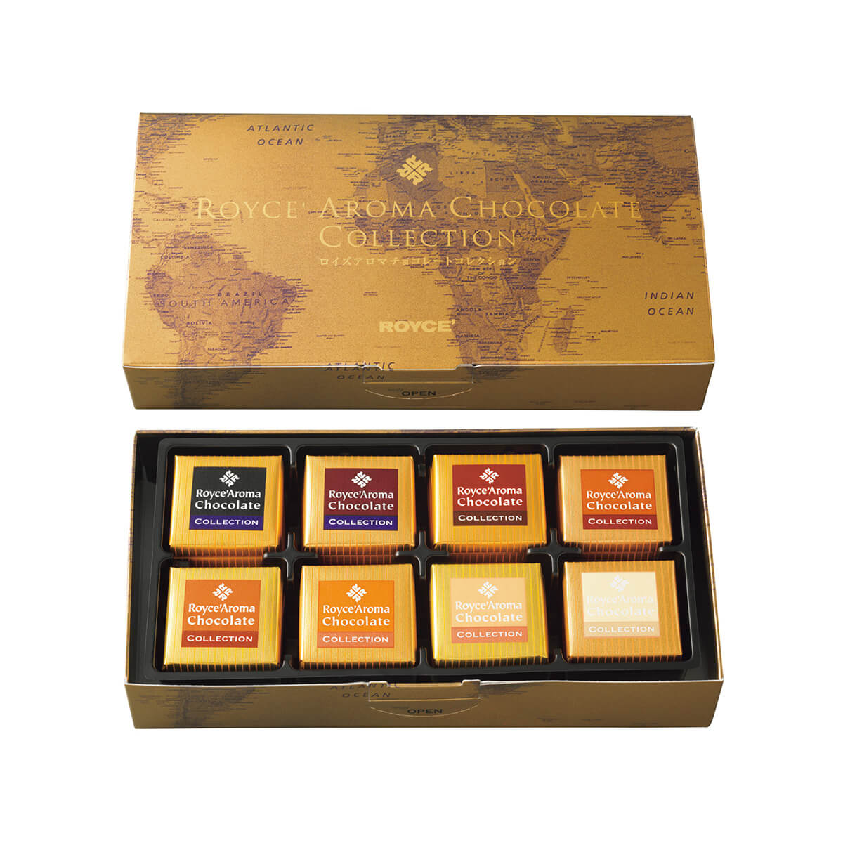 ROYCE' Chocolate - Image shows a printed chocolate box labeled ROYCE' Aroma Chocolate Collection (top) and an open box with chocolate squares with various text.