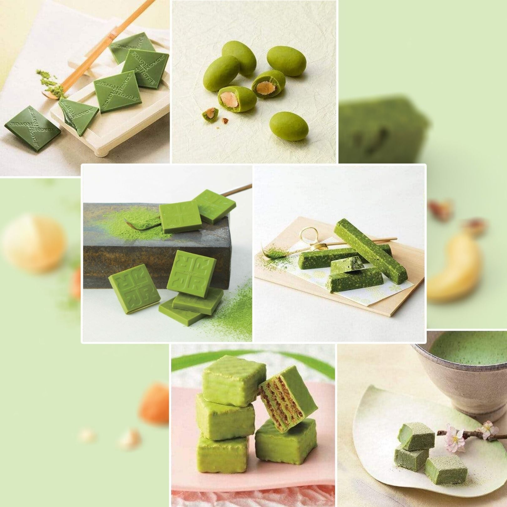ROYCE' Chocolate - ROYCE' Matcha Collection - Image shows a collage of different chocolates. Top left and right: Green chocolate squares and round green chocolate-coated almonds. Middle left and right: Green chocolate square engraved with R letters. Green chocolate bars. Bottom left and right: Green chocolate wafers and green blocks of chocolate.