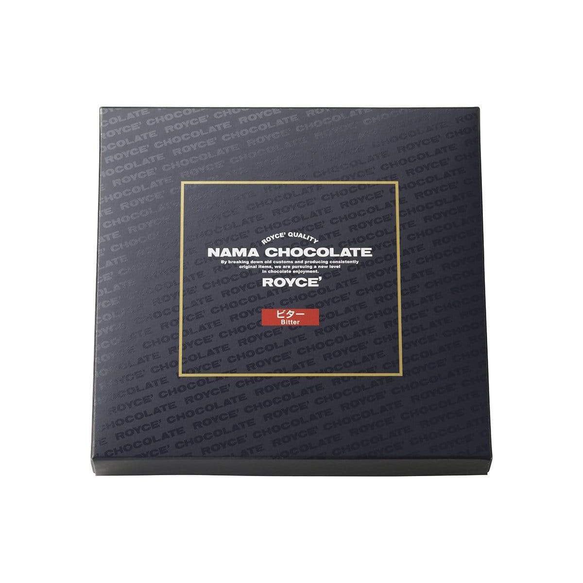 ROYCE' Chocolate - Nama Chocolate "Bitter" - Image shows a dark blue box. White text inside golden square says ROYCE' Quality Nama Chocolate By breaking down old customs and producing consistently original items, we are pursuing a new level in chocolate enjoyment. ROYCE' Bitter.