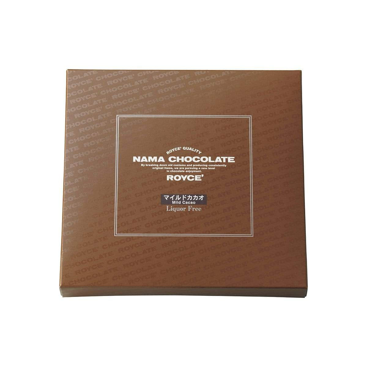 ROYCE' Chocolate - Nama Chocolate "Mild Cacao" - Image shows a brown box with white text inside white square saying ROYCE' Quality Nama Chocolate By breaking down old customs and producing consistently original items, we are pursuing a new level in chocolate enjoyment. ROYCE' Mild Cacao Liquor Free.